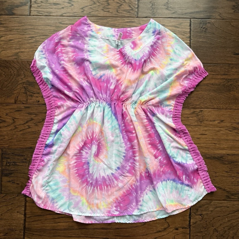 SO Tie Dye Swim Cover Up Girls Size 14 Pink Purple Multi Excellent Fringe Trim